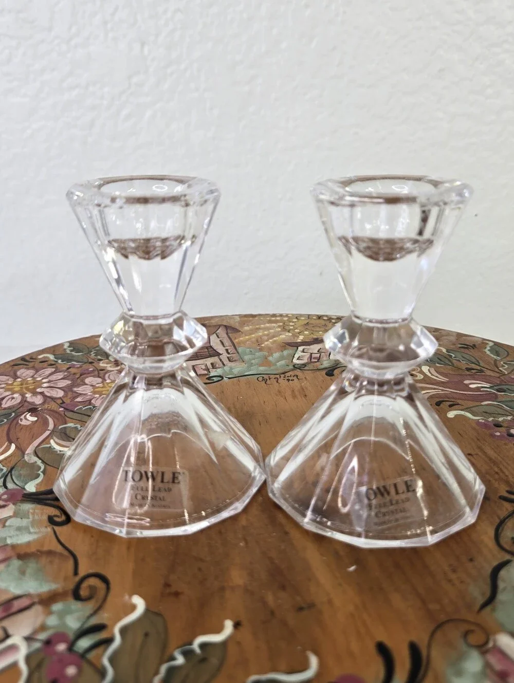 Towle‎ Pair Crystal Candlesticks Facet Diamond Cut Made In Austria Art Deco Vtg